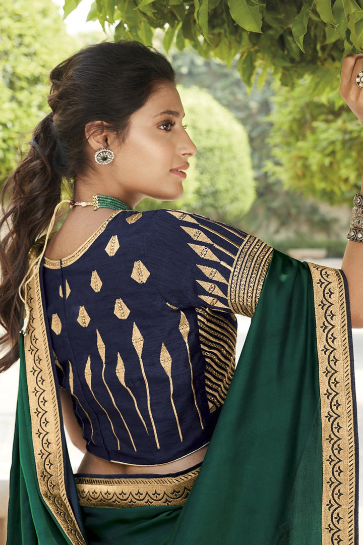 Dark Green Color Fancy Fabric Function Wear Embroidery Work Saree