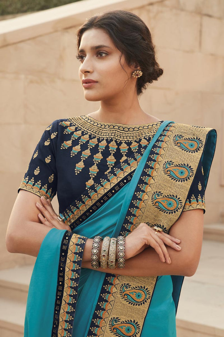Sky Blue Color Party Wear Embroidery Work Saree In Fancy Fabric