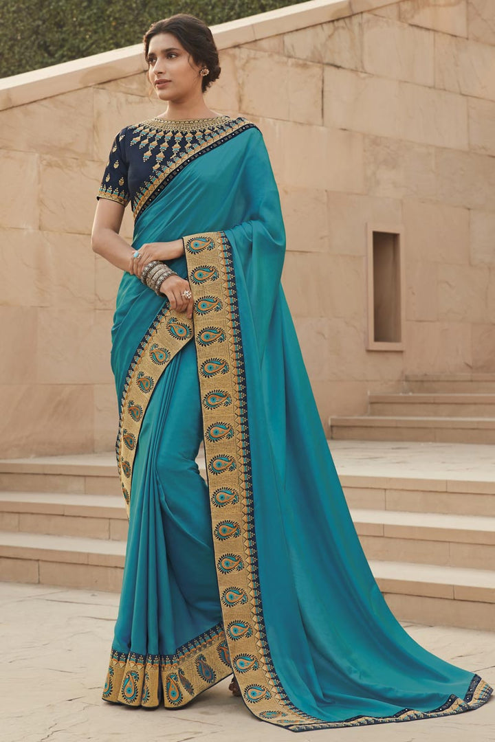 Sky Blue Color Party Wear Embroidery Work Saree In Fancy Fabric