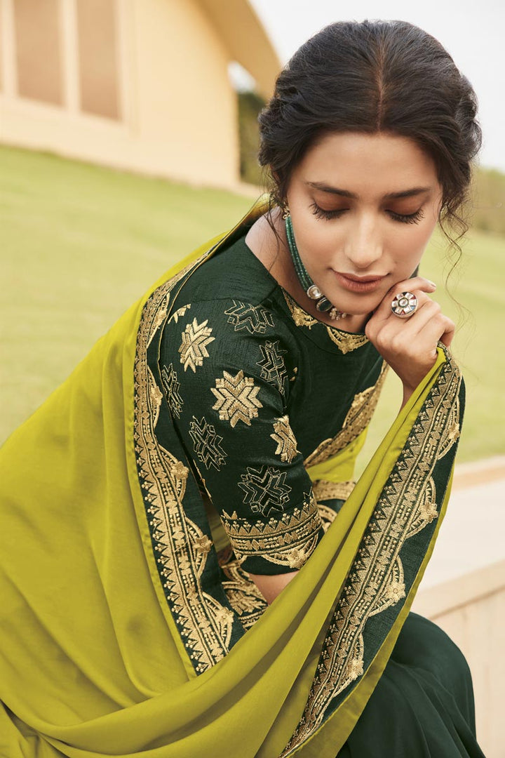 Lime Yellow Color Fancy Fabric Occasion Wear Embroidery Work Saree