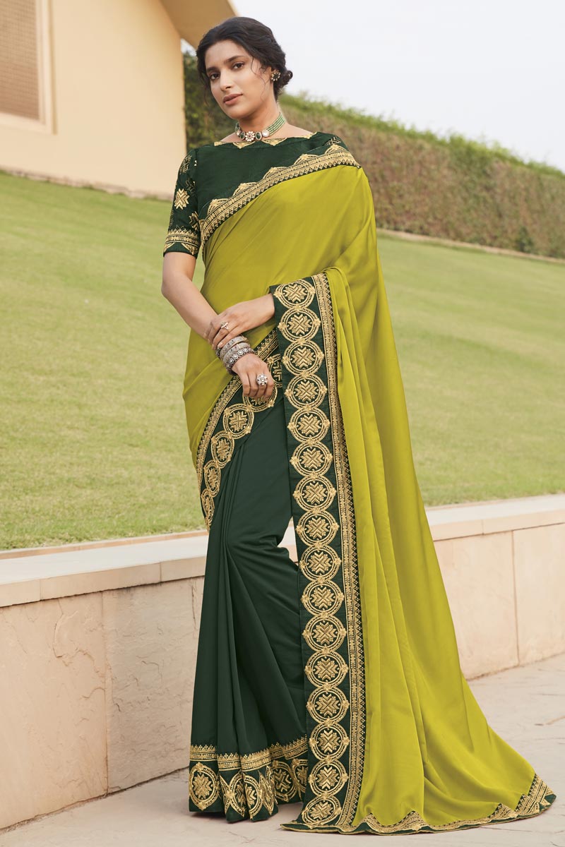 Lime Yellow Color Fancy Fabric Occasion Wear Embroidery Work Saree