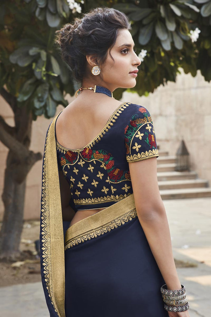 Designer Navy Blue Color Fancy Fabric Party Wear Embroidery Work Saree
