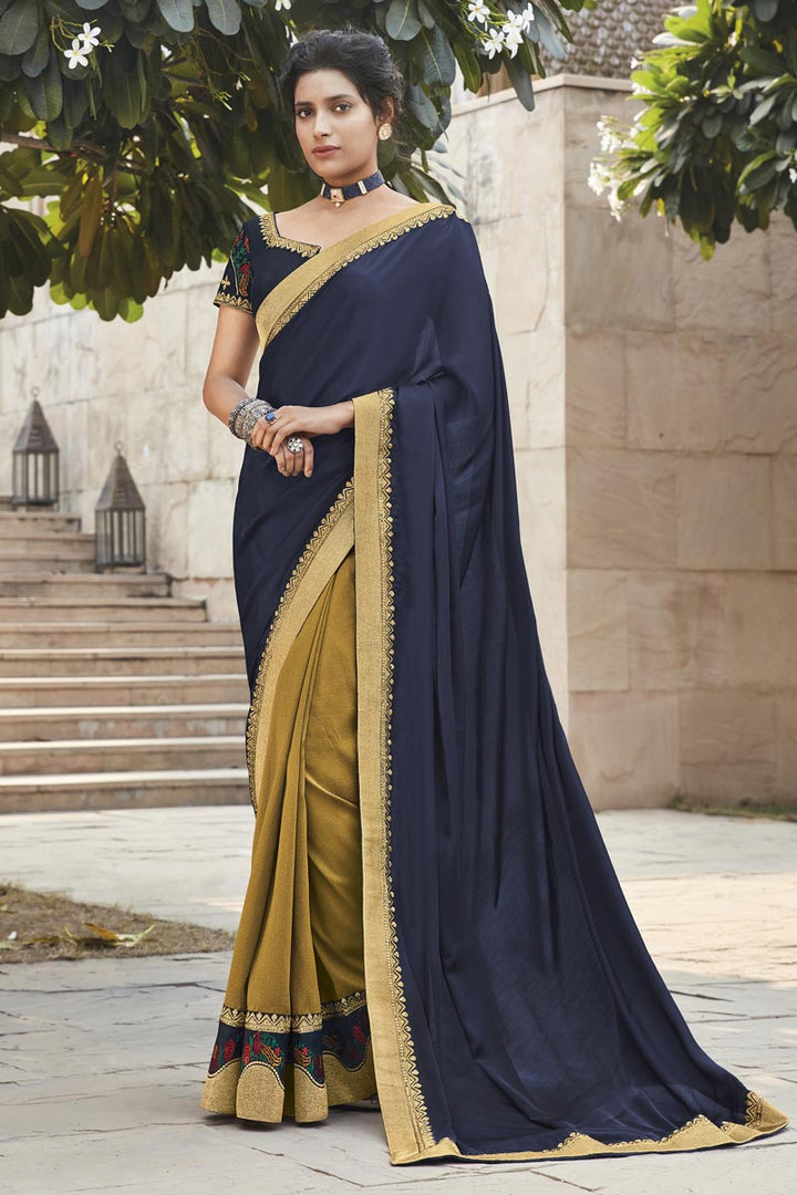 Designer Navy Blue Color Fancy Fabric Party Wear Embroidery Work Saree