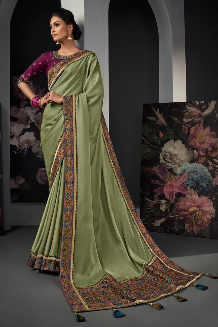 Art Silk Fabric Function Wear Border Work Saree In Sea Green Color