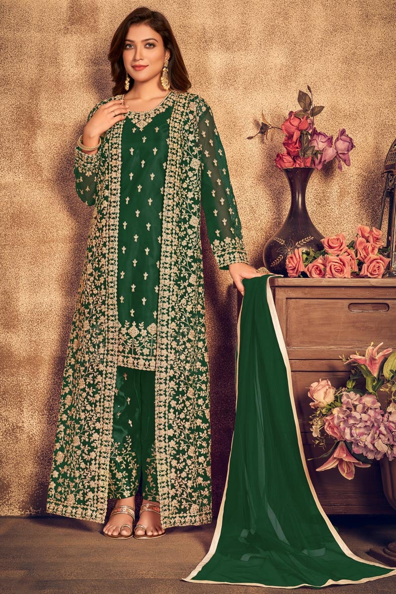 Party Wear Embroidered Dark Green Color Designer Salwar Suit With Jacket