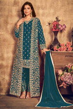 Load image into Gallery viewer, Festive Wear Teal Color Embroidered Net Fabric Designer Salwar Suit With Jacket
