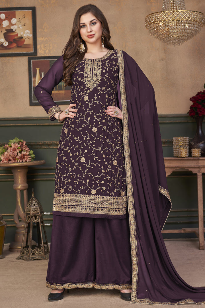 Incredible Embroidered Work Purple Color Festival Wear Palazzo Suit