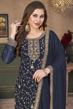 Load image into Gallery viewer, Georgette Fabric Navy Blue Color Festival Wear Palazzo Suit With Embroidered Work
