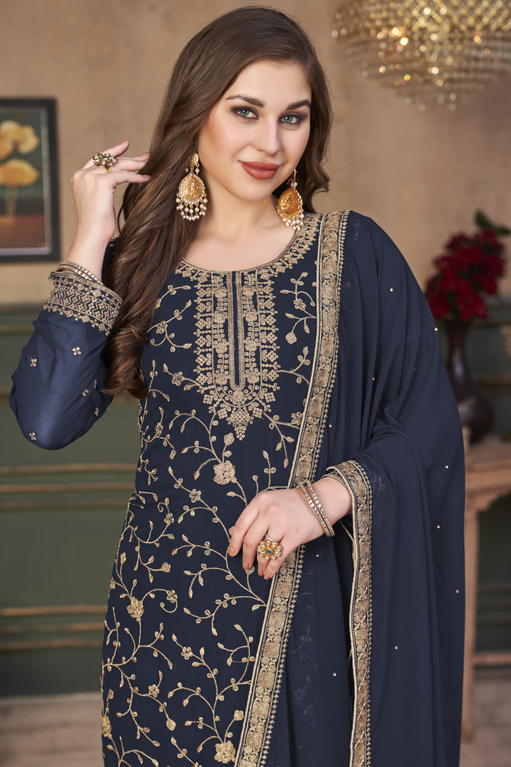 Georgette Fabric Navy Blue Color Festival Wear Palazzo Suit With Embroidered Work