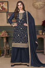 Load image into Gallery viewer, Georgette Fabric Navy Blue Color Festival Wear Palazzo Suit With Embroidered Work
