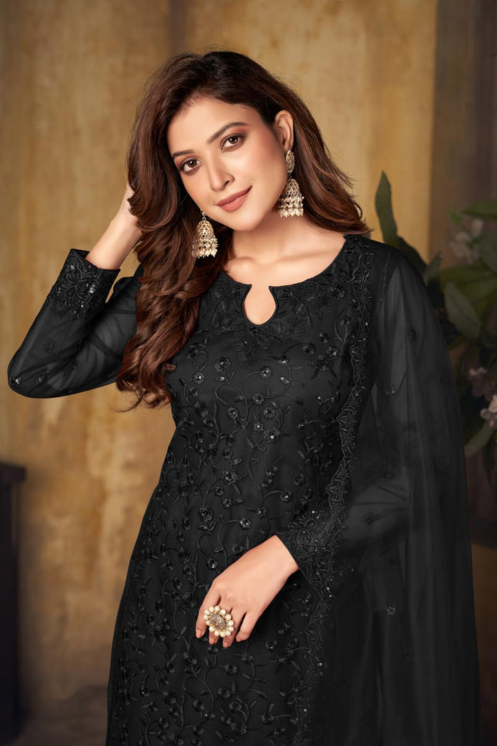 Black Color Net Fabric Festival Wear Stunning Embroidered Work Salwar Suit