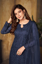 Load image into Gallery viewer, Net Fabric Navy Blue Color Festival Wear Beautiful Embroidered Work Salwar Suit
