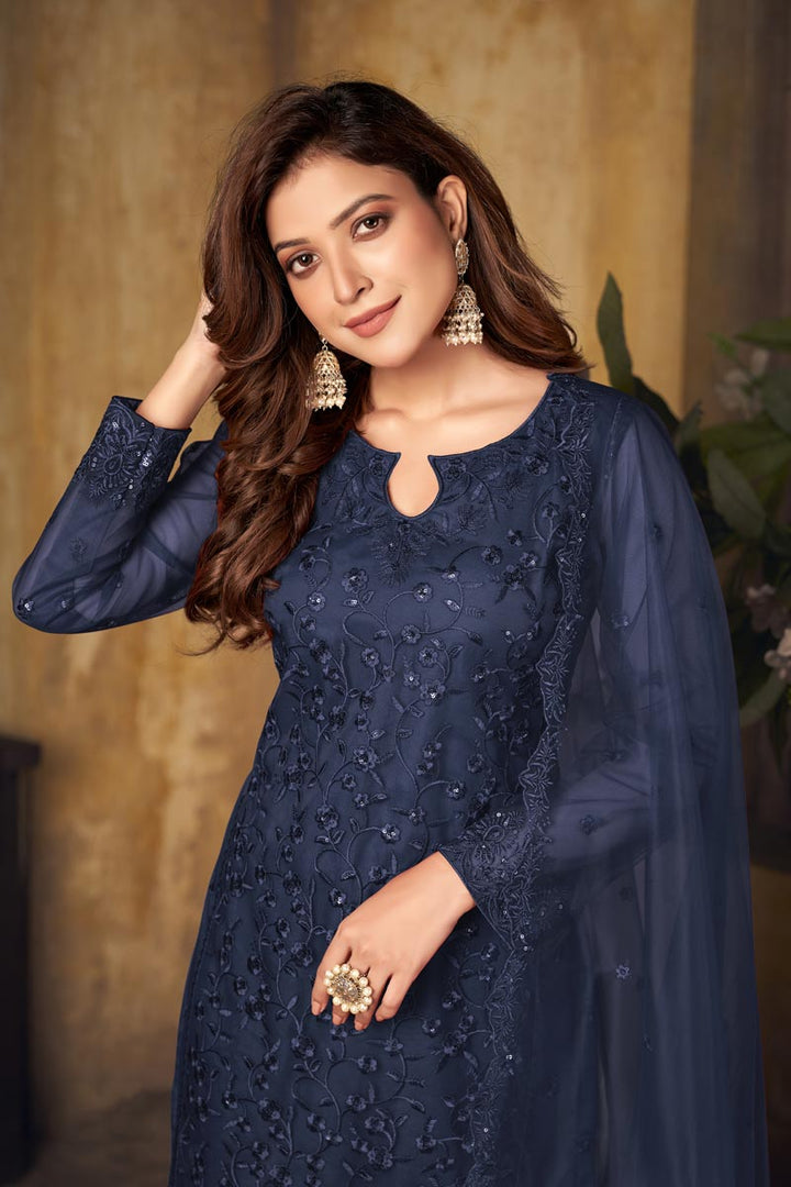 Net Fabric Navy Blue Color Festival Wear Beautiful Embroidered Work Salwar Suit