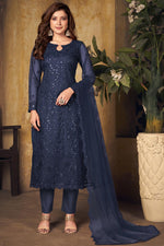 Load image into Gallery viewer, Net Fabric Navy Blue Color Festival Wear Beautiful Embroidered Work Salwar Suit
