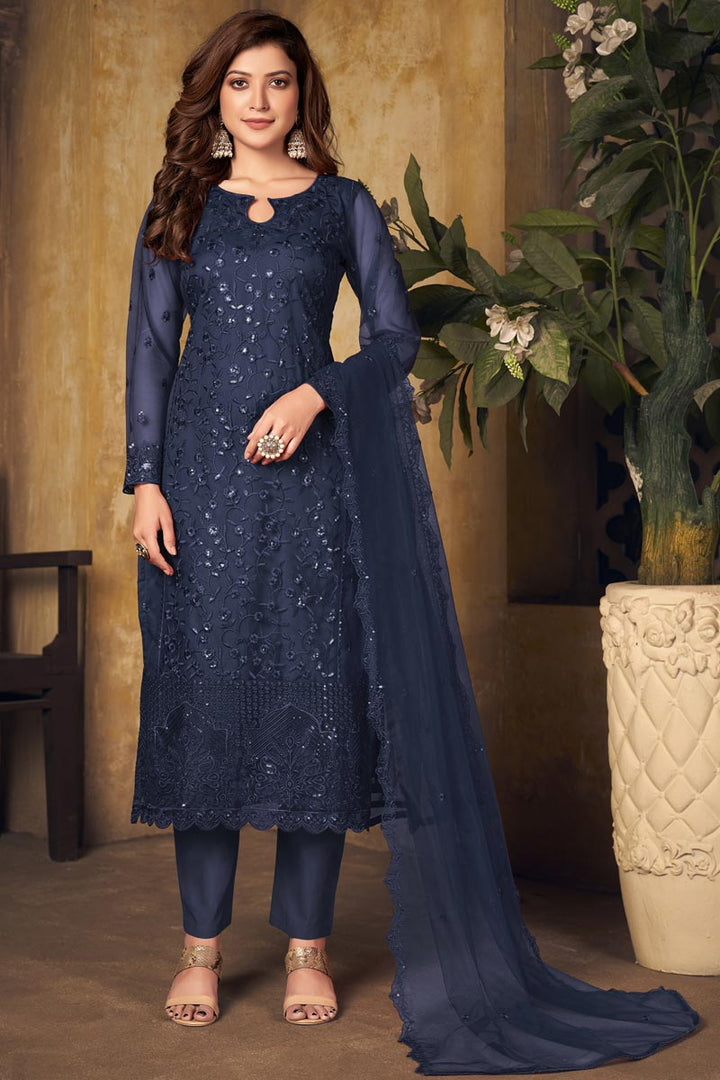 Net Fabric Navy Blue Color Festival Wear Beautiful Embroidered Work Salwar Suit