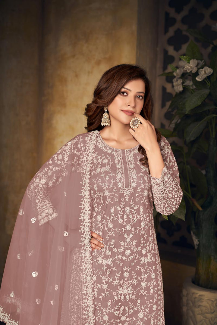 Festival Wear Pleasant Net Fabric Embroidered Palazzo Suit In Chikoo Color