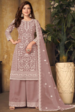 Load image into Gallery viewer, Festival Wear Pleasant Net Fabric Embroidered Palazzo Suit In Chikoo Color
