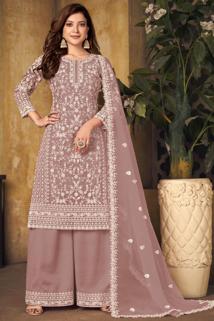 Festival Wear Pleasant Net Fabric Embroidered Palazzo Suit In Chikoo Color