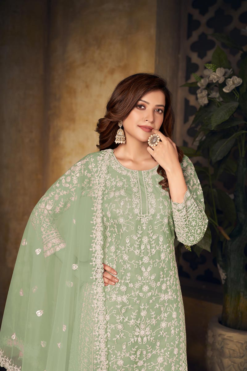 Embroidered Work Festival Wear Sea Green Color Coveted Palazzo Suit In Net Fabric