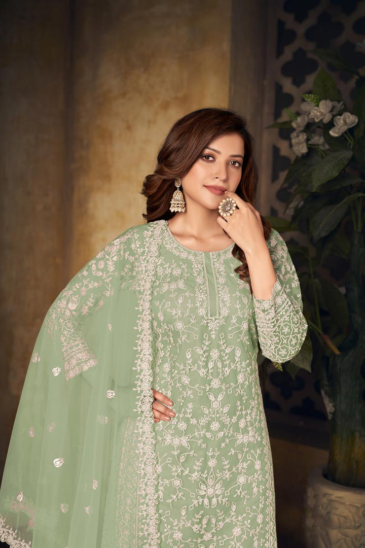Embroidered Work Festival Wear Sea Green Color Coveted Palazzo Suit In Net Fabric