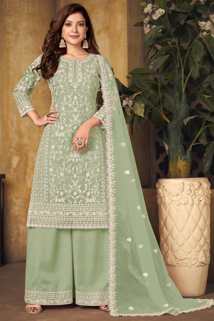 Embroidered Work Festival Wear Sea Green Color Coveted Palazzo Suit In Net Fabric