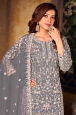 Load image into Gallery viewer, Grey Color Net Fabric Elegant Embroidered Palazzo Suit
