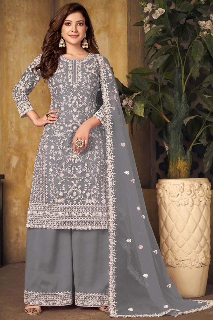 Grey Color Net Fabric Elegant Embroidered Palazzo Suit