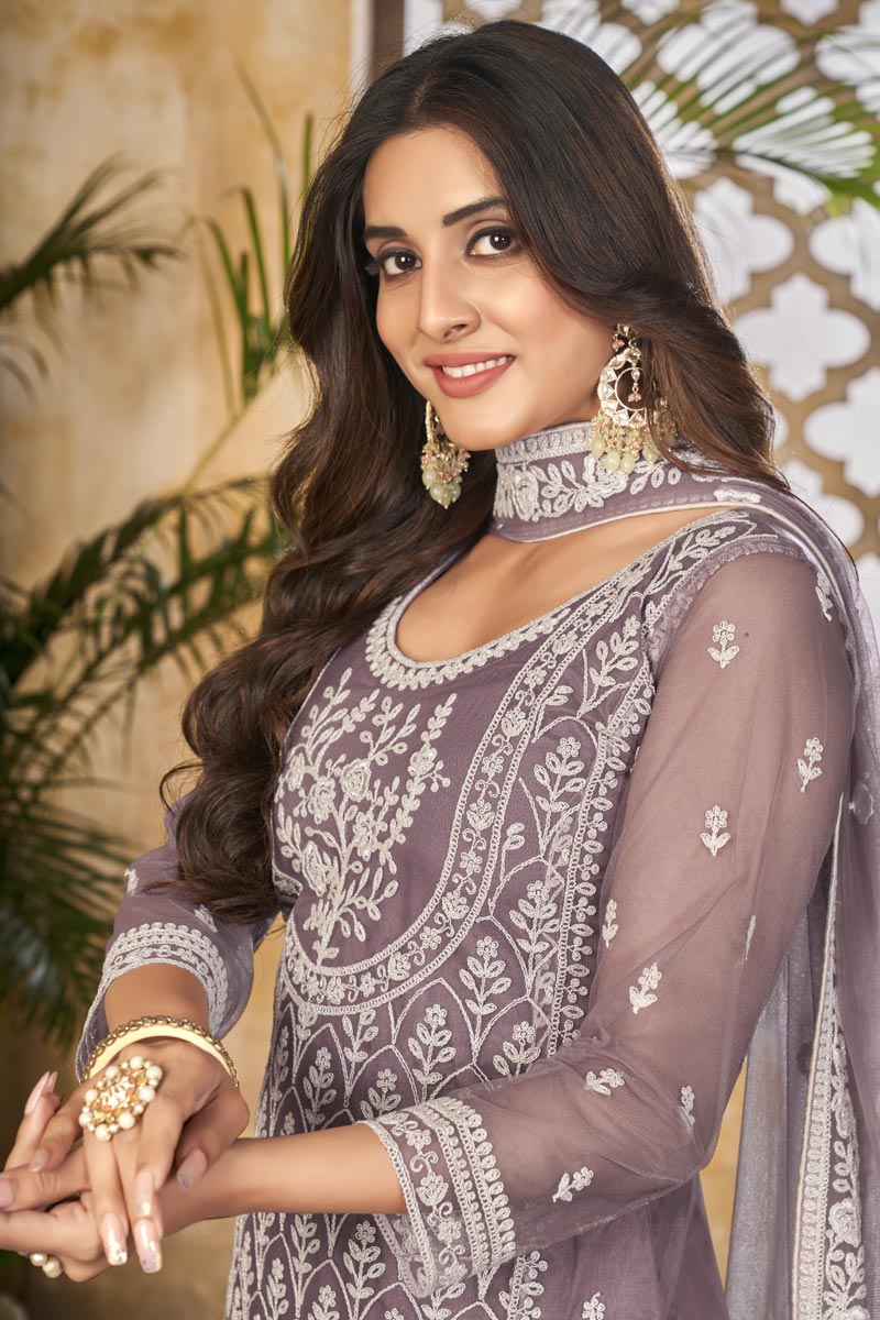 Festival Wear Net Fabric Lavender Color Tempting Palazzo Suit | Buy Online India