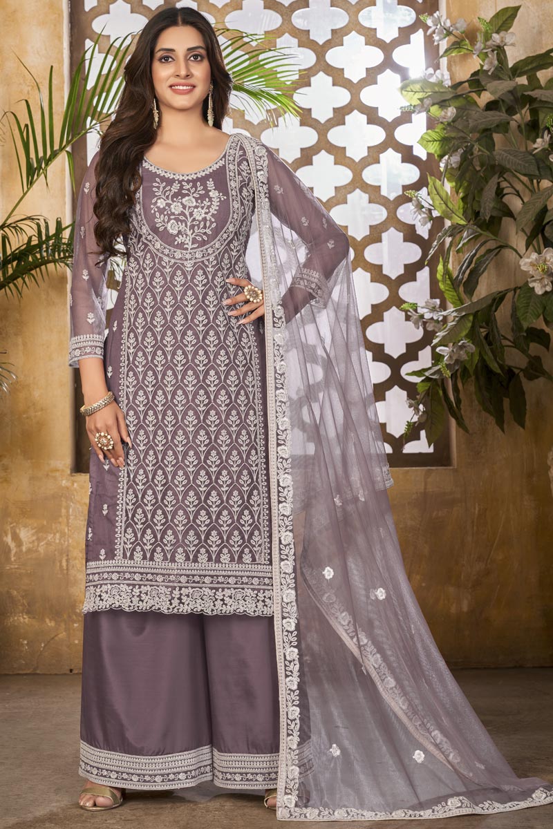 Festival Wear Net Fabric Lavender Color Tempting Palazzo Suit | Buy Online India