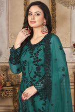 Load image into Gallery viewer, Green Color Embellished Festival Wear Palazzo Suit In Net Fabric
