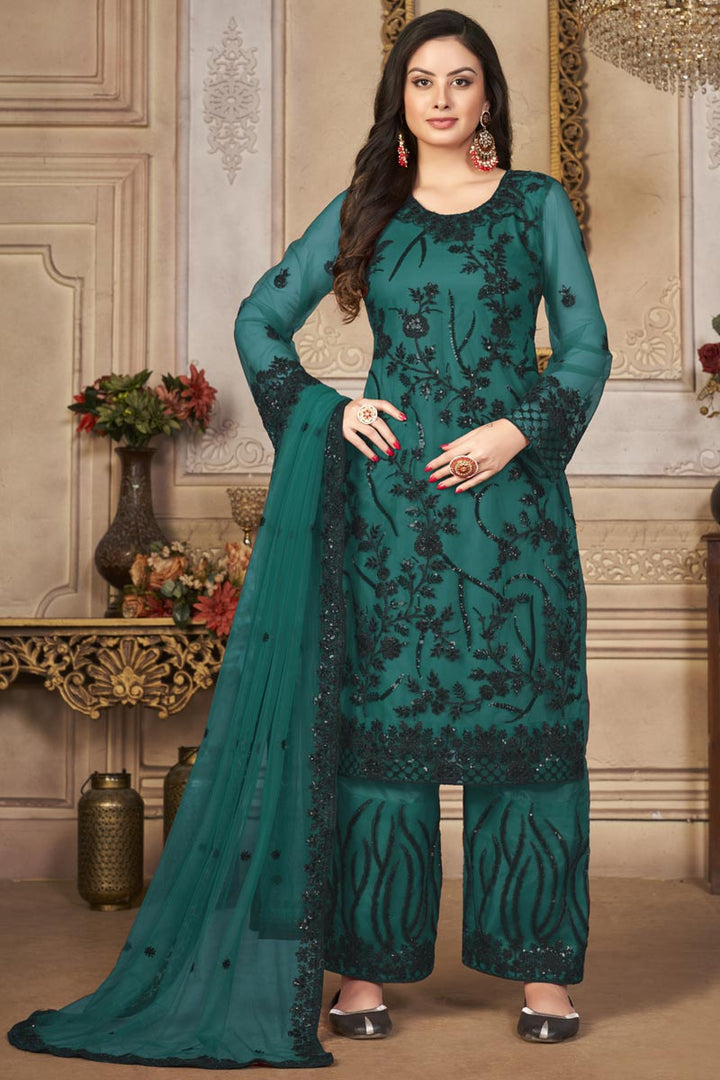 Green Color Embellished Festival Wear Palazzo Suit In Net Fabric