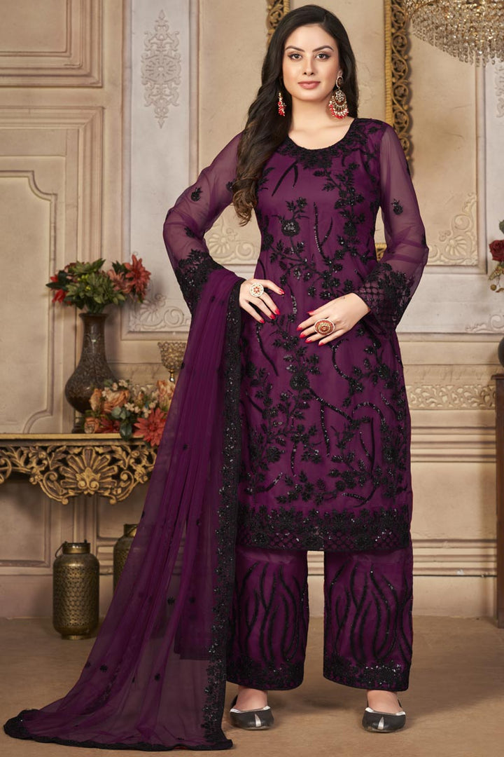 Stunning Wine Color Net Fabric Festival Wear Palazzo Suit