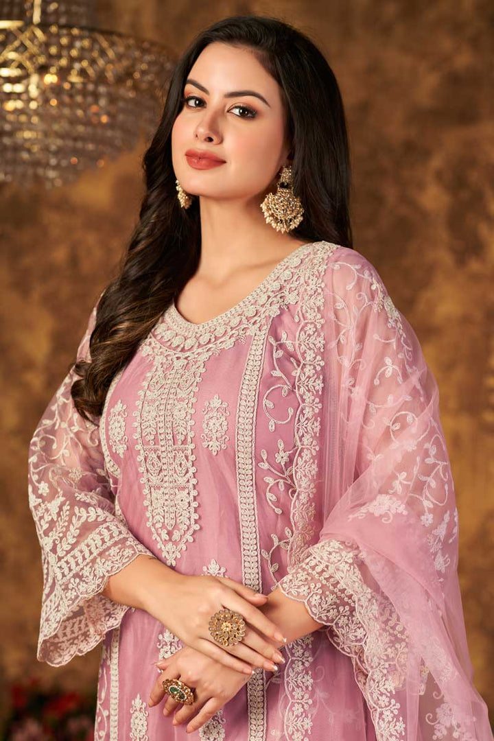 Pink Color Net Fabric Embroidered Classic Palazzo Suit