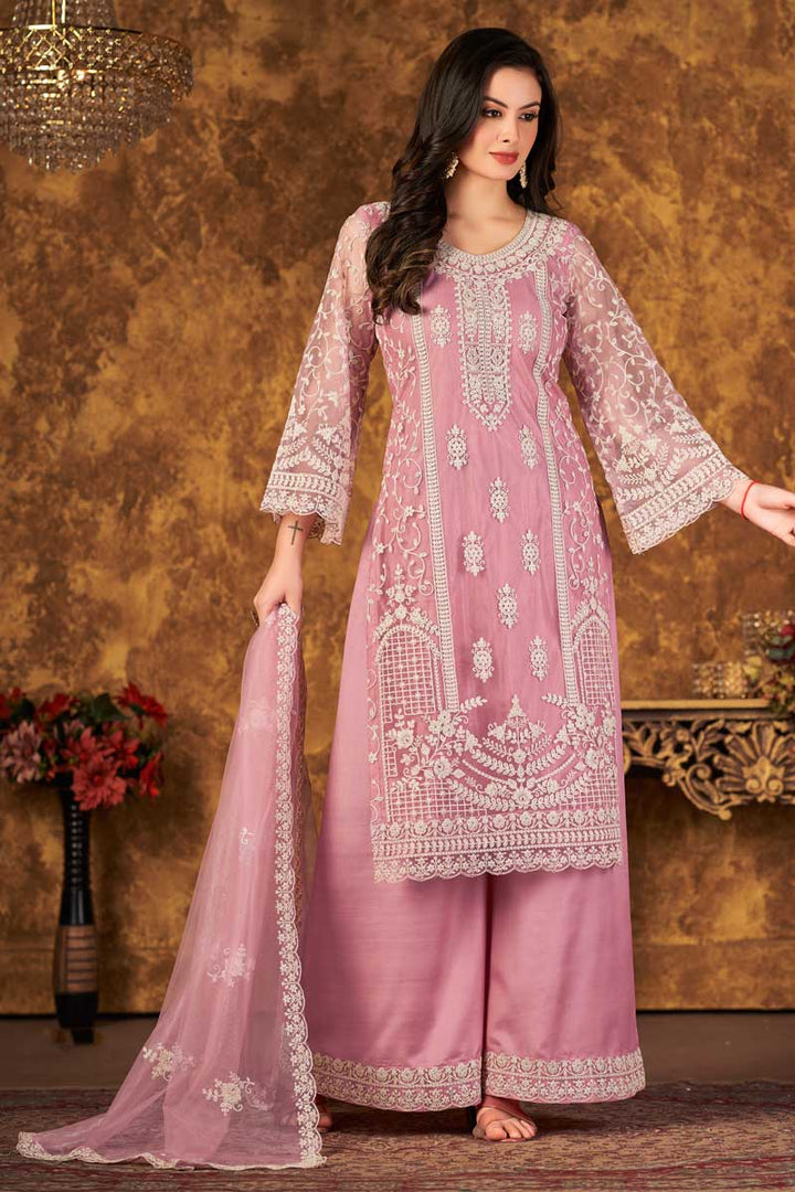 Pink Color Net Fabric Embroidered Classic Palazzo Suit
