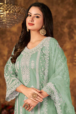 Load image into Gallery viewer, Sea Green Color Net Fabric Embroidered Vintage Palazzo Suit
