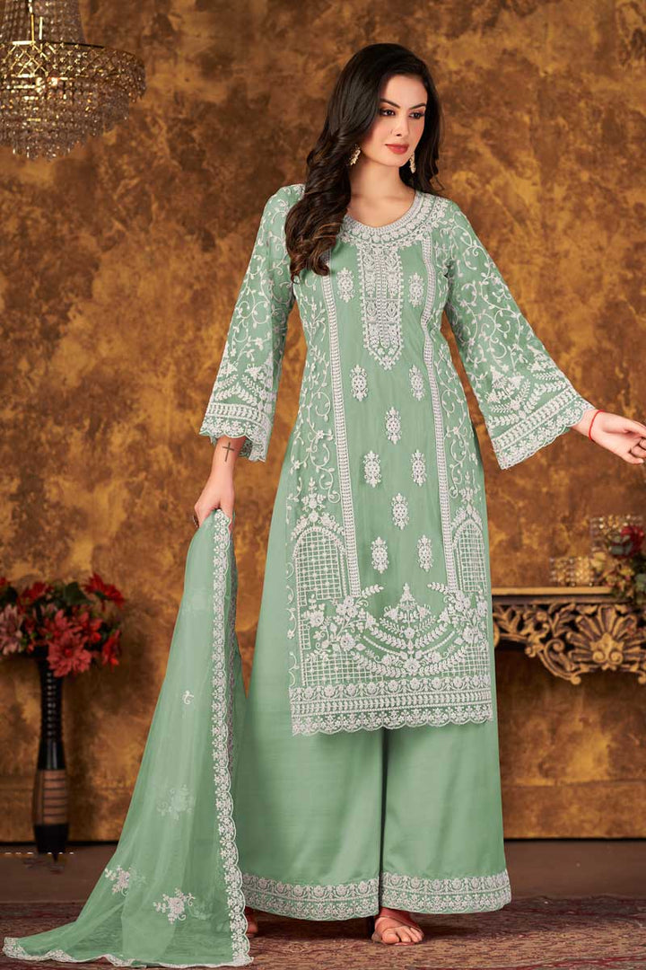 Sea Green Color Net Fabric Embroidered Vintage Palazzo Suit