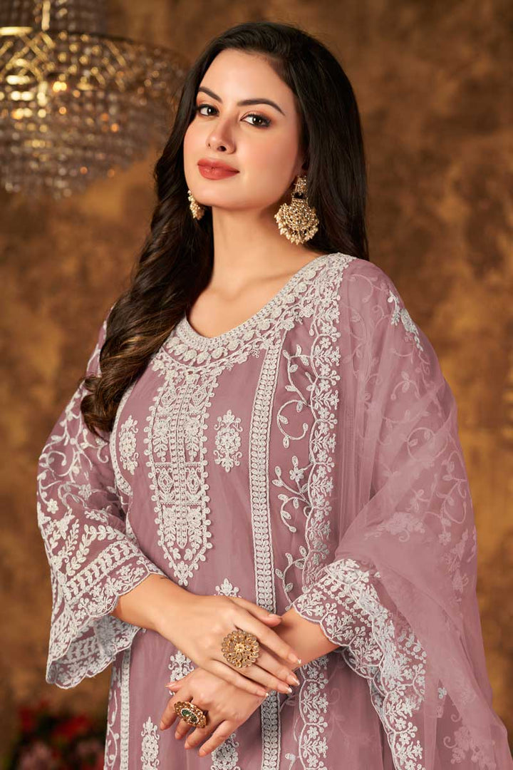 Net Fabric Embroidered Lovely Palazzo Suit In Chikoo Color