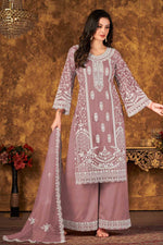 Load image into Gallery viewer, Net Fabric Embroidered Lovely Palazzo Suit In Chikoo Color
