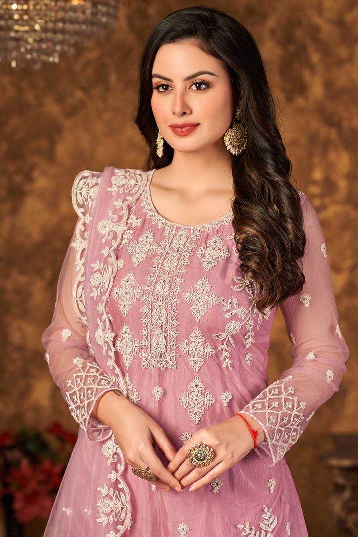 Enticing Pink Color Net Fabric Palazzo Suit With Embroidered Work
