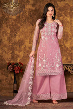 Load image into Gallery viewer, Enticing Pink Color Net Fabric Palazzo Suit With Embroidered Work

