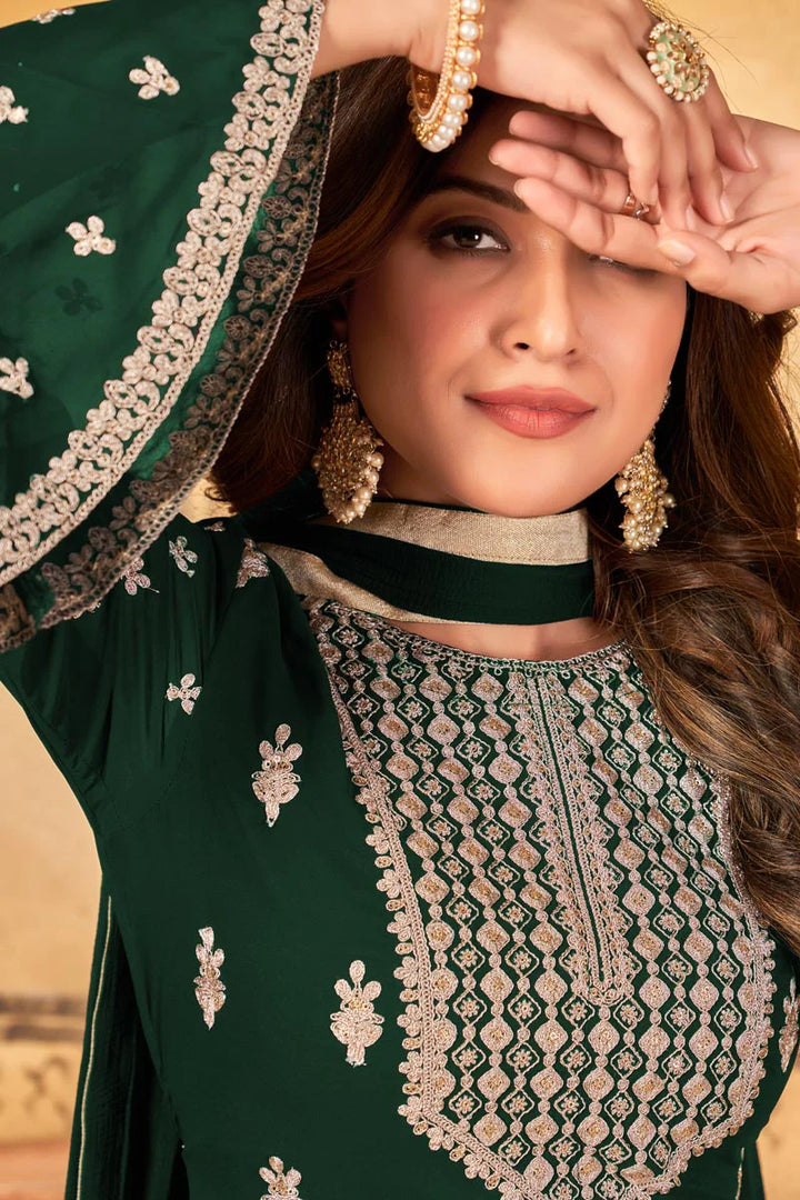 Georgette Fabric Tempting Function Wear Palazzo Suit In Dark Green Color