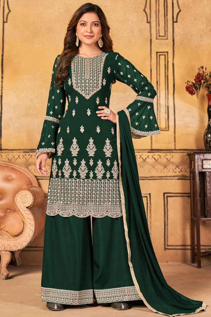 Georgette Fabric Tempting Function Wear Palazzo Suit In Dark Green Color