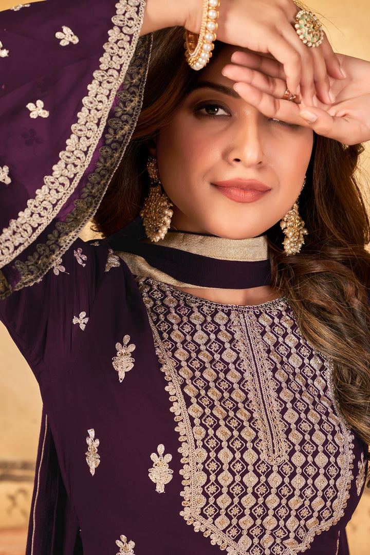 Purple Color Georgette Fabric Glamorous Palazzo Suit In Function Wear