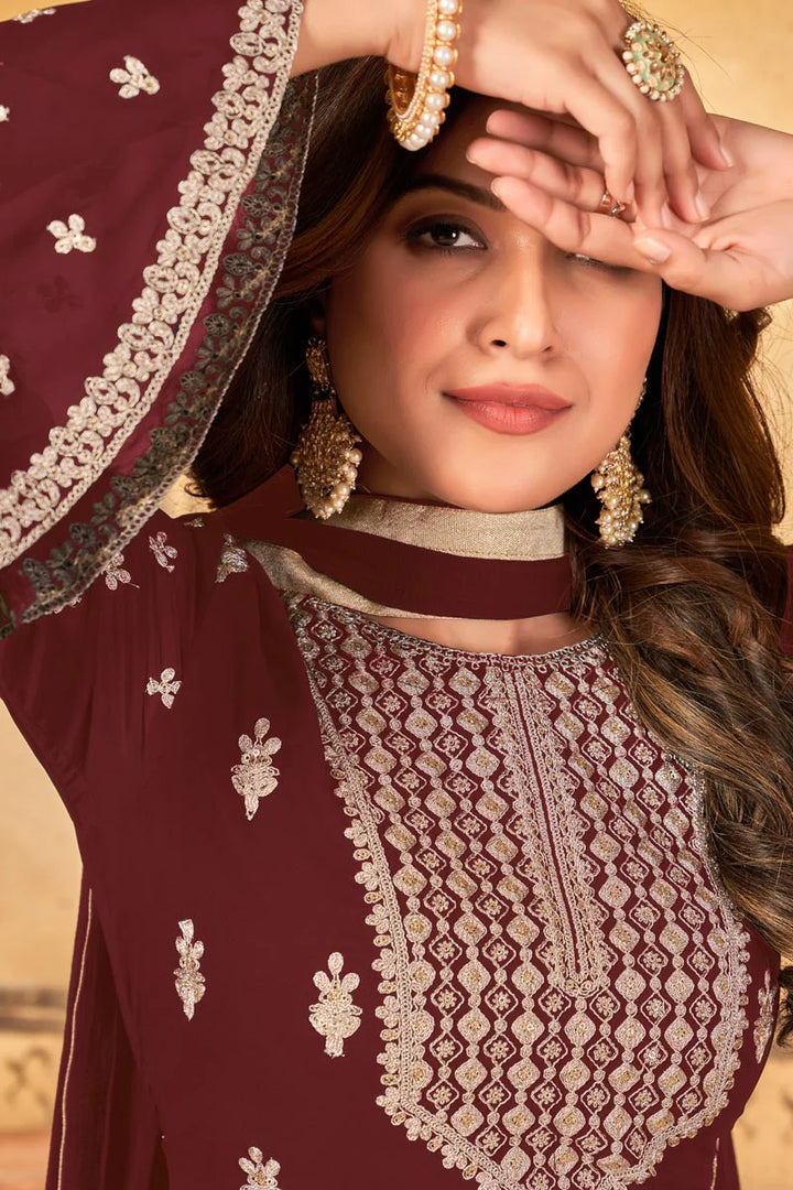 Georgette Fabric Embellished Function Wear Maroon Color Palazzo Suit