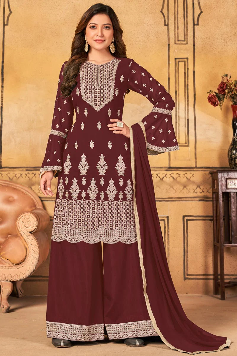 Georgette Fabric Embellished Function Wear Maroon Color Palazzo Suit