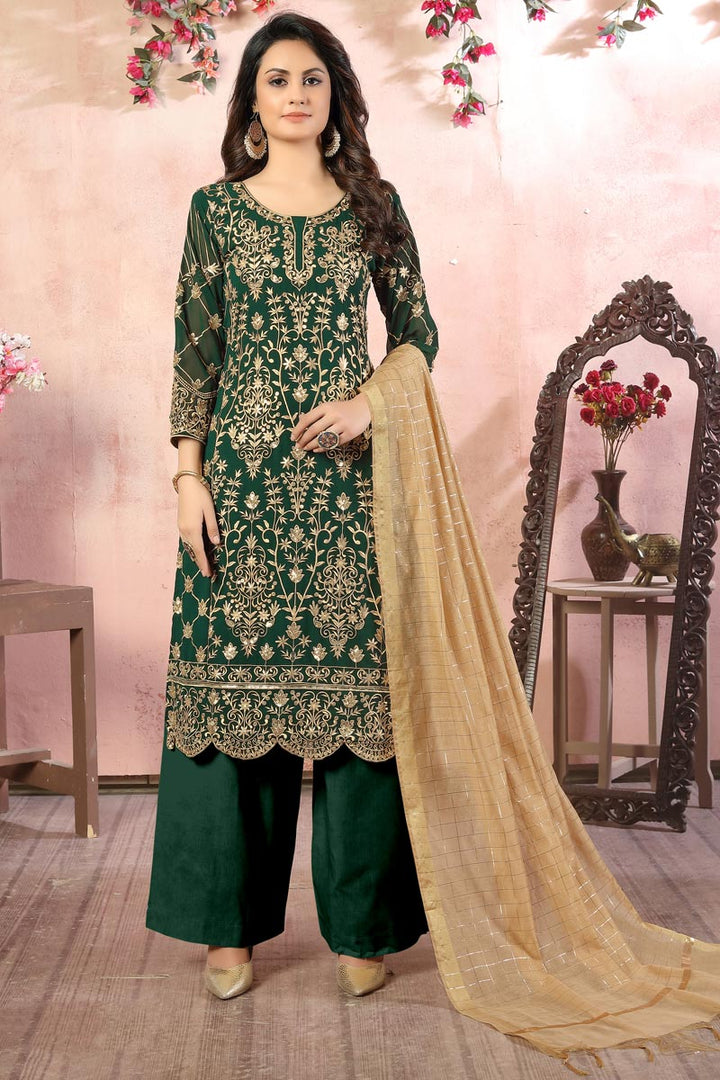 Green Color Embroidered Georgette Fabric Party Wear Palazzo Salwar Kameez