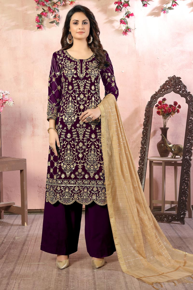 Embroidery Designs Purple Color Georgette Fabric Function Wear Palazzo Salwar Suit