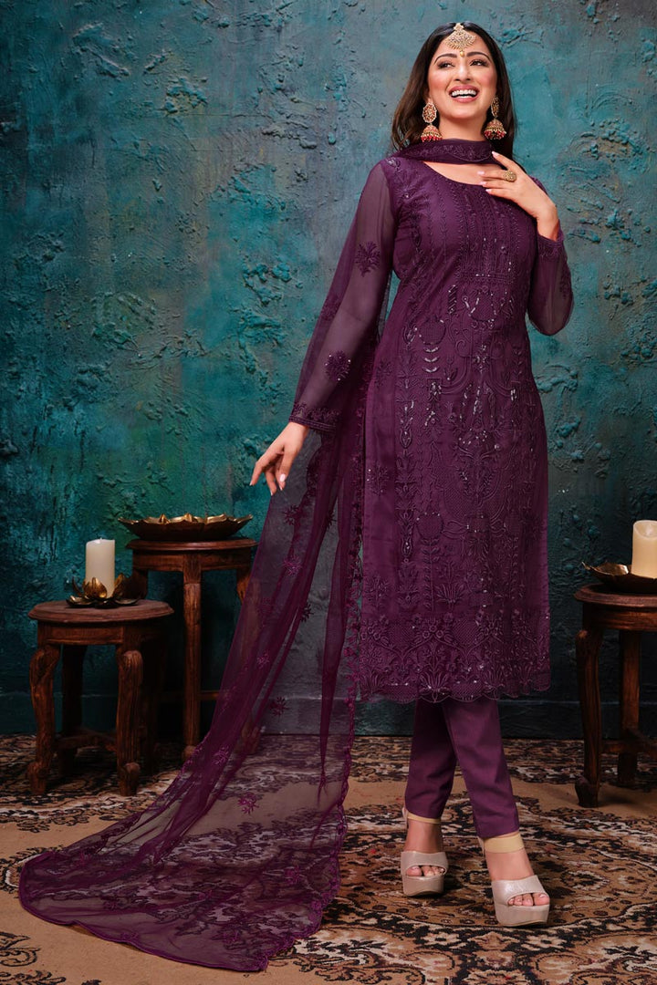 Occasion Wear Purple Color Embroidered Salwar Kameez