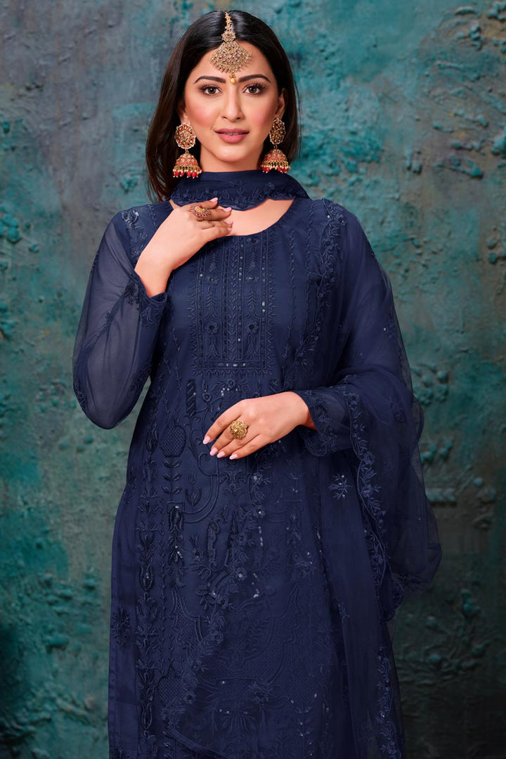 Embroidery Work Navy Blue Color Net Fabric Salwar Suit
