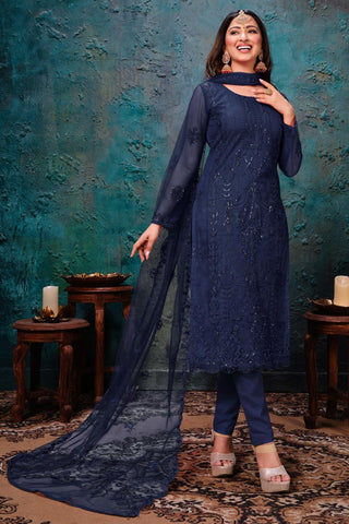 Embroidery Work Navy Blue Color Net Fabric Salwar Suit